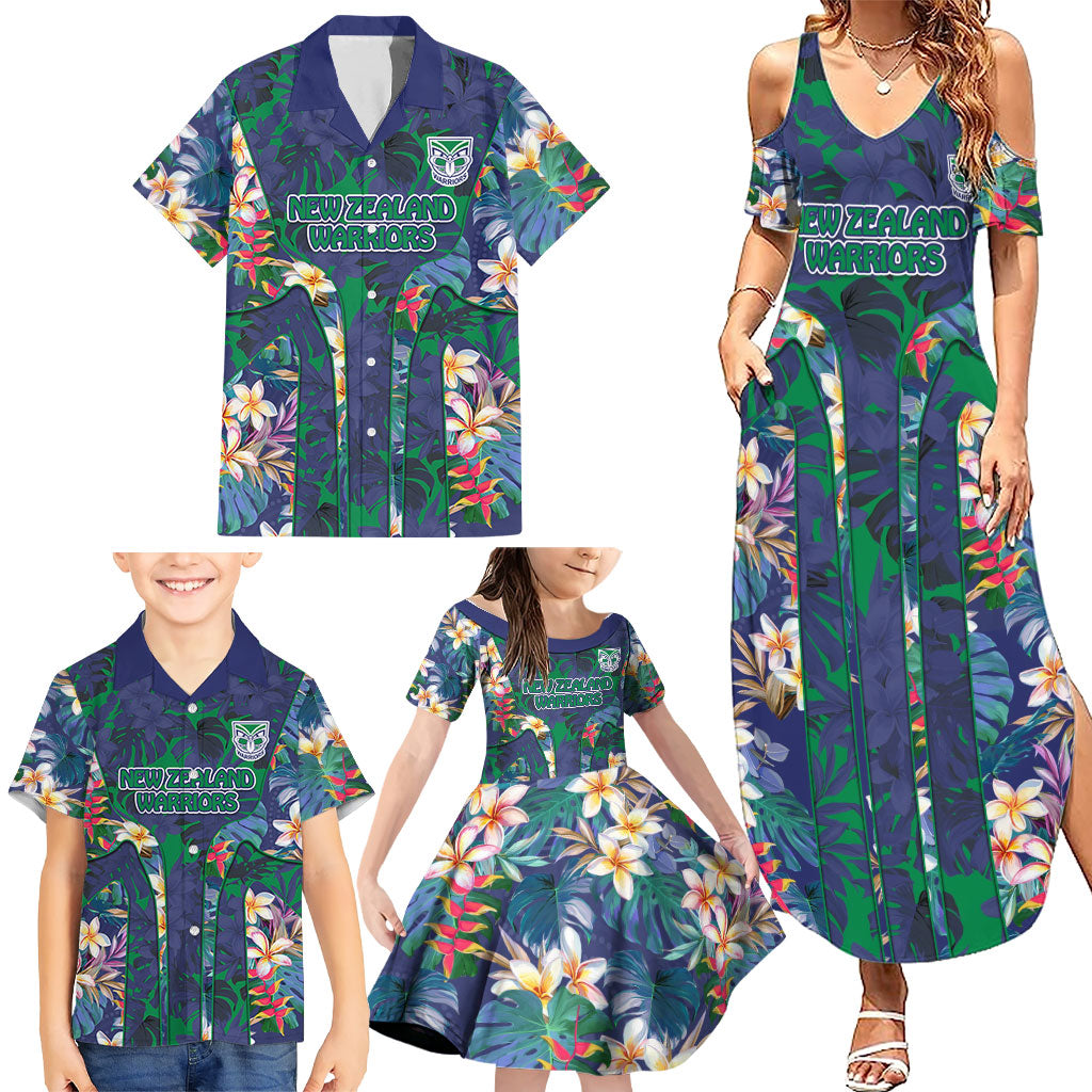 New Zealand Warriors Family Matching Summer Maxi Dress and Hawaiian Shirt Tropical Polynesian Floral Pattern With Green And Blue Accents