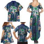 New Zealand Warriors Family Matching Summer Maxi Dress and Hawaiian Shirt Tropical Polynesian Floral Pattern With Green And Blue Accents