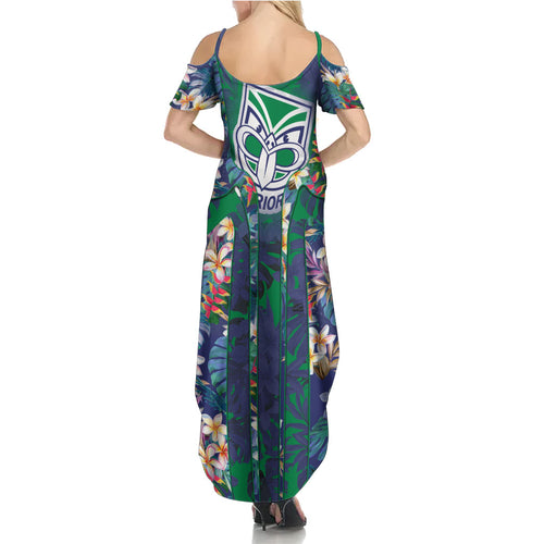New Zealand Warriors Family Matching Summer Maxi Dress and Hawaiian Shirt Tropical Polynesian Floral Pattern With Green And Blue Accents