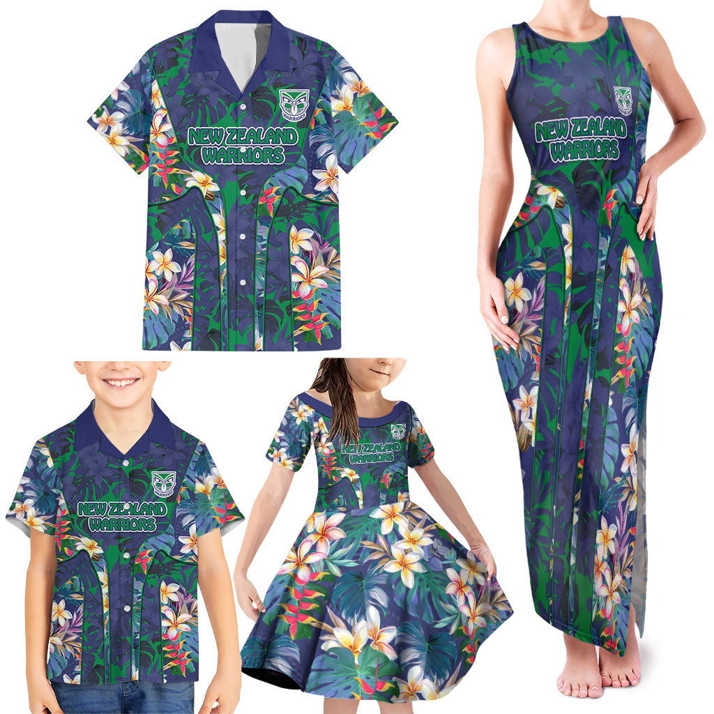 New Zealand Warriors Family Matching Tank Maxi Dress and Hawaiian Shirt Tropical Polynesian Floral Pattern With Green And Blue Accents