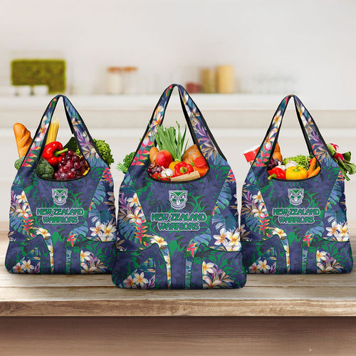 New Zealand Warriors Grocery Bag Tropical Polynesian Floral Pattern With Green And Blue Accents