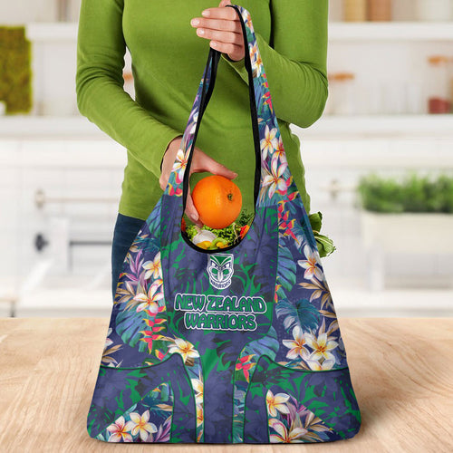 New Zealand Warriors Grocery Bag Tropical Polynesian Floral Pattern With Green And Blue Accents