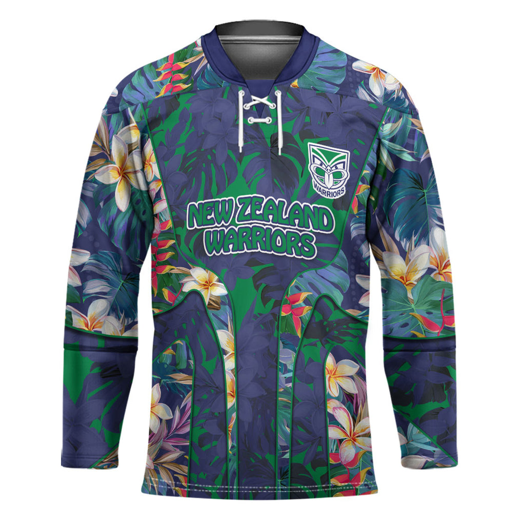 New Zealand Warriors Hockey Jersey Tropical Polynesian Floral Pattern With Green And Blue Accents