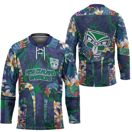 New Zealand Warriors Hockey Jersey Tropical Polynesian Floral Pattern With Green And Blue Accents