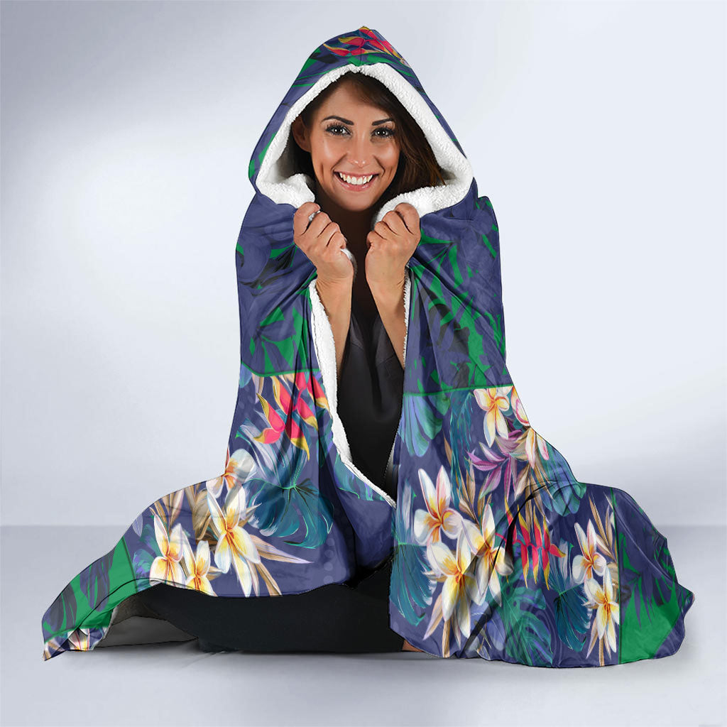New Zealand Warriors Hooded Blanket Tropical Polynesian Floral Pattern With Green And Blue Accents