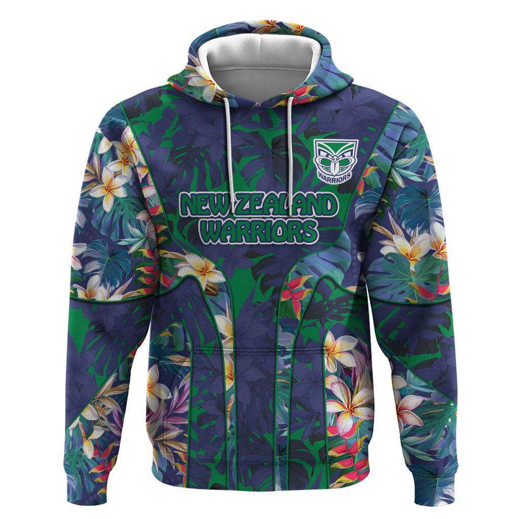 New Zealand Warriors Hoodie Tropical Polynesian Floral Pattern With Green And Blue Accents