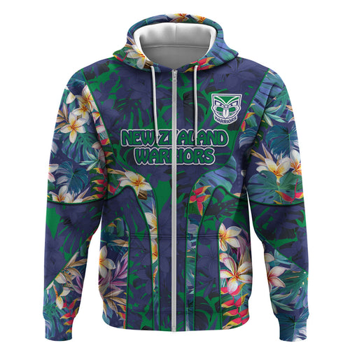 New Zealand Warriors Hoodie Tropical Polynesian Floral Pattern With Green And Blue Accents
