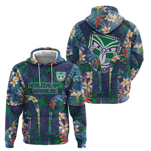 New Zealand Warriors Hoodie Tropical Polynesian Floral Pattern With Green And Blue Accents