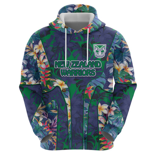 New Zealand Warriors Hoodie Tropical Polynesian Floral Pattern With Green And Blue Accents