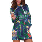 New Zealand Warriors Hoodie Dress Tropical Polynesian Floral Pattern With Green And Blue Accents
