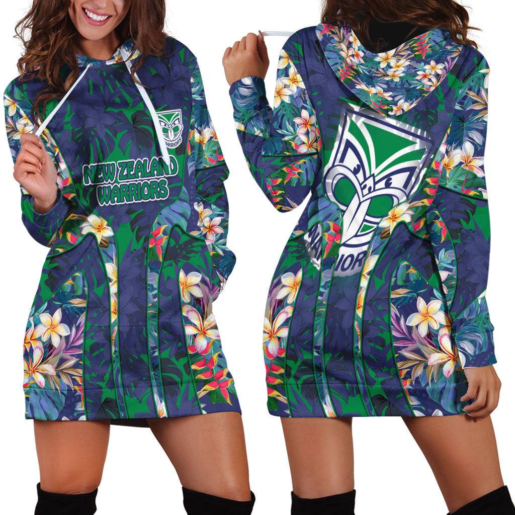New Zealand Warriors Hoodie Dress Tropical Polynesian Floral Pattern With Green And Blue Accents