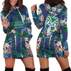 New Zealand Warriors Hoodie Dress Tropical Polynesian Floral Pattern With Green And Blue Accents