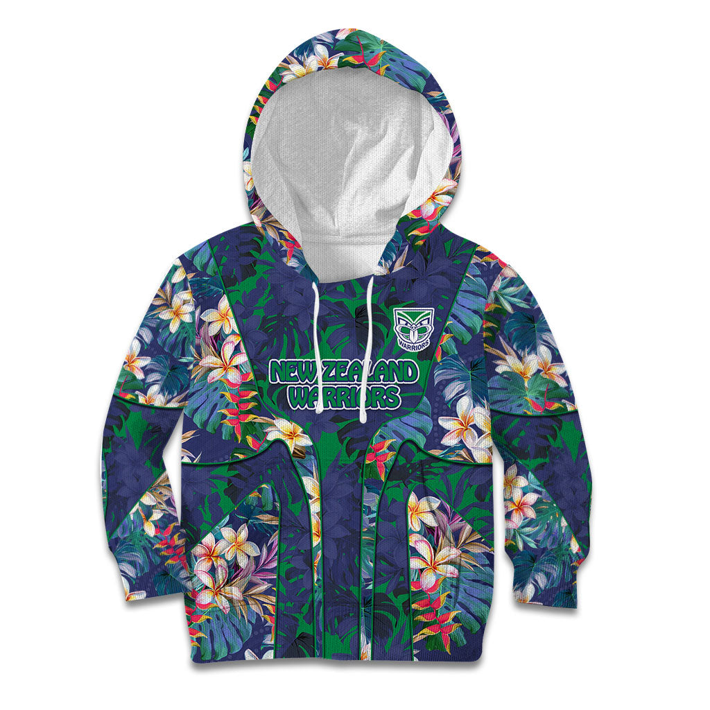 New Zealand Warriors Kid Hoodie Tropical Polynesian Floral Pattern With Green And Blue Accents