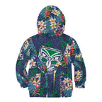New Zealand Warriors Kid Hoodie Tropical Polynesian Floral Pattern With Green And Blue Accents
