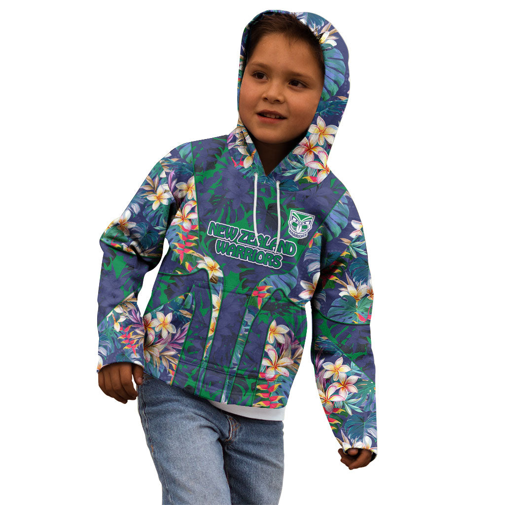 New Zealand Warriors Kid Hoodie Tropical Polynesian Floral Pattern With Green And Blue Accents