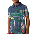 New Zealand Warriors Kid Polo Shirt Tropical Polynesian Floral Pattern With Green And Blue Accents