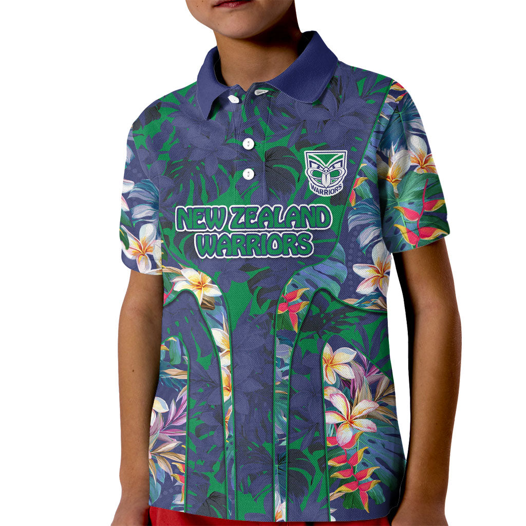 New Zealand Warriors Kid Polo Shirt Tropical Polynesian Floral Pattern With Green And Blue Accents