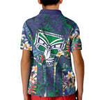 New Zealand Warriors Kid Polo Shirt Tropical Polynesian Floral Pattern With Green And Blue Accents