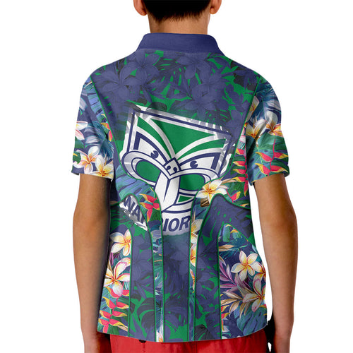 New Zealand Warriors Kid Polo Shirt Tropical Polynesian Floral Pattern With Green And Blue Accents