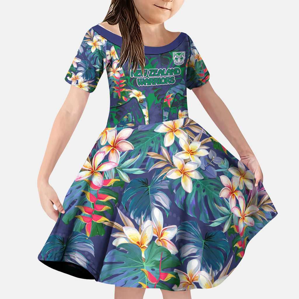 New Zealand Warriors Kid Short Sleeve Dress Tropical Polynesian Floral Pattern With Green And Blue Accents