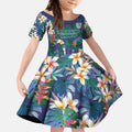 New Zealand Warriors Kid Short Sleeve Dress Tropical Polynesian Floral Pattern With Green And Blue Accents