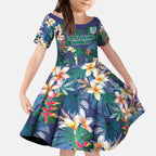 New Zealand Warriors Kid Short Sleeve Dress Tropical Polynesian Floral Pattern With Green And Blue Accents