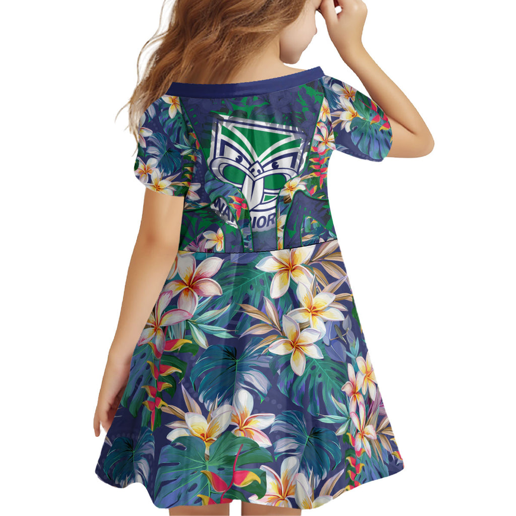 New Zealand Warriors Kid Short Sleeve Dress Tropical Polynesian Floral Pattern With Green And Blue Accents