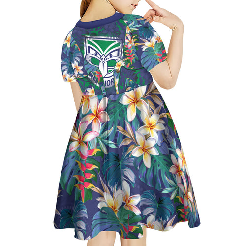New Zealand Warriors Kid Short Sleeve Dress Tropical Polynesian Floral Pattern With Green And Blue Accents