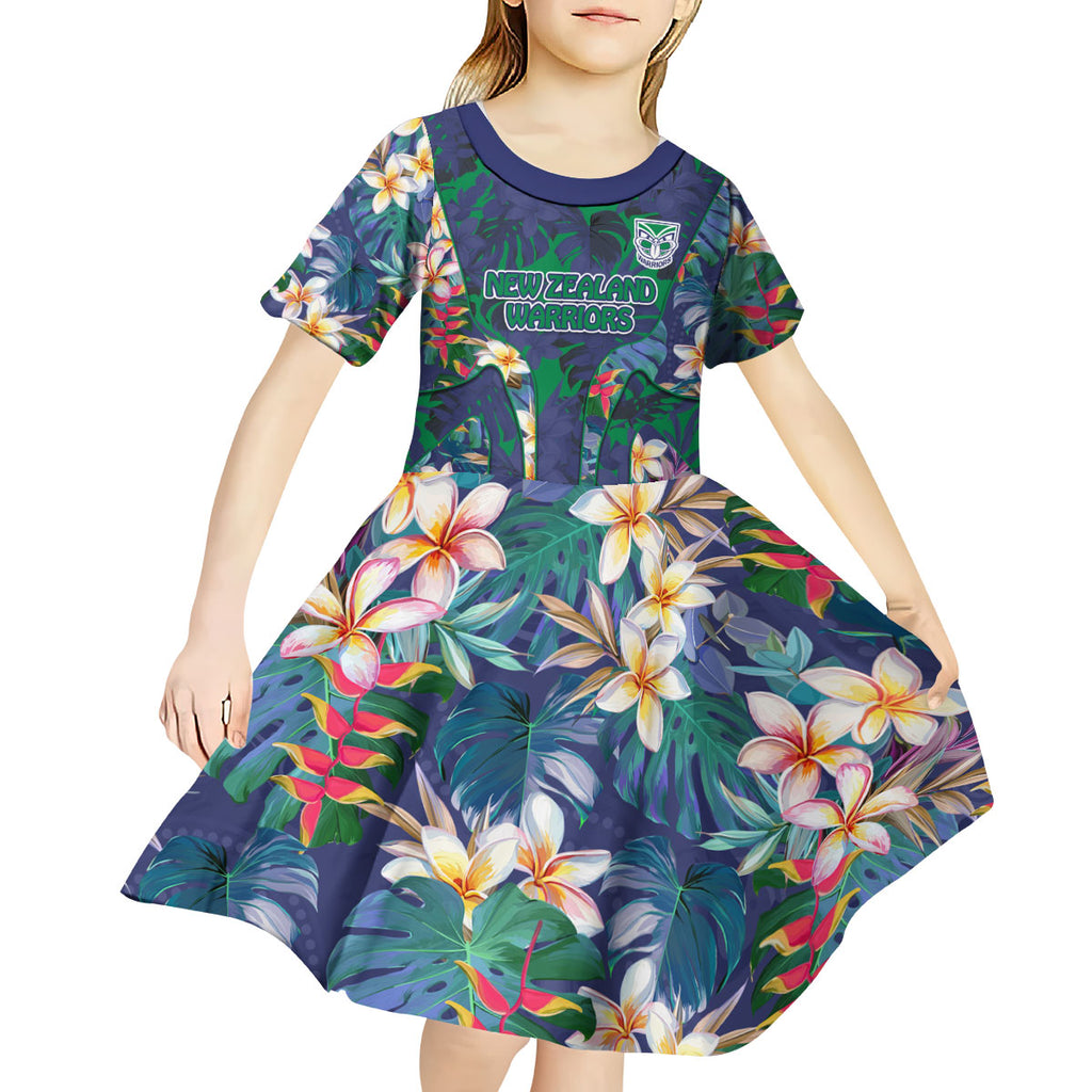 New Zealand Warriors Kid Short Sleeve Dress Tropical Polynesian Floral Pattern With Green And Blue Accents