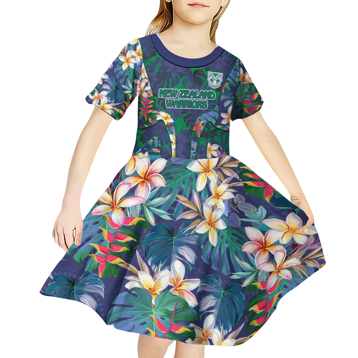 New Zealand Warriors Kid Short Sleeve Dress Tropical Polynesian Floral Pattern With Green And Blue Accents