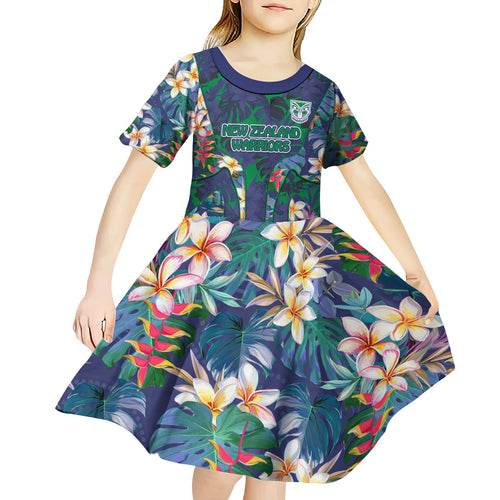 New Zealand Warriors Kid Short Sleeve Dress Tropical Polynesian Floral Pattern With Green And Blue Accents