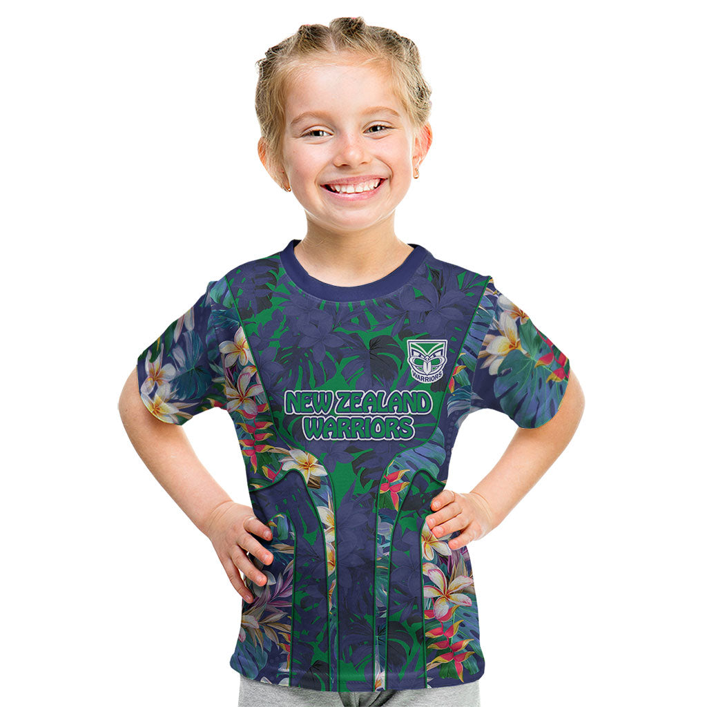 New Zealand Warriors Kid T Shirt Tropical Polynesian Floral Pattern With Green And Blue Accents