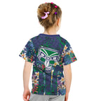 New Zealand Warriors Kid T Shirt Tropical Polynesian Floral Pattern With Green And Blue Accents