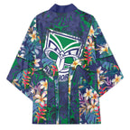 New Zealand Warriors Kimono Tropical Polynesian Floral Pattern With Green And Blue Accents