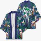 New Zealand Warriors Kimono Tropical Polynesian Floral Pattern With Green And Blue Accents