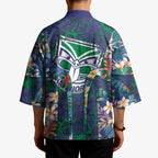 New Zealand Warriors Kimono Tropical Polynesian Floral Pattern With Green And Blue Accents