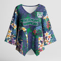 New Zealand Warriors Kimono Sleeve Blouse Tropical Polynesian Floral Pattern With Green And Blue Accents