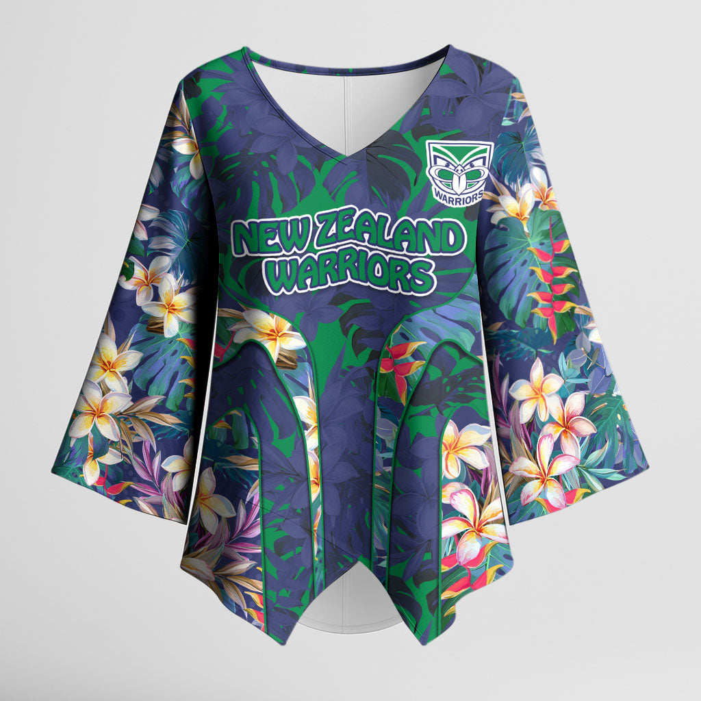 New Zealand Warriors Kimono Sleeve Blouse Tropical Polynesian Floral Pattern With Green And Blue Accents