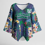 New Zealand Warriors Kimono Sleeve Blouse Tropical Polynesian Floral Pattern With Green And Blue Accents