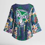 New Zealand Warriors Kimono Sleeve Blouse Tropical Polynesian Floral Pattern With Green And Blue Accents