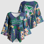 New Zealand Warriors Kimono Sleeve Blouse Tropical Polynesian Floral Pattern With Green And Blue Accents