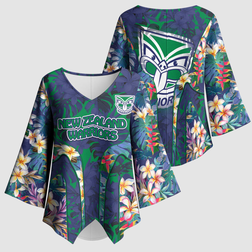 New Zealand Warriors Kimono Sleeve Blouse Tropical Polynesian Floral Pattern With Green And Blue Accents