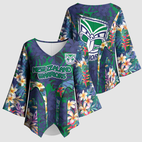 New Zealand Warriors Kimono Sleeve Blouse Tropical Polynesian Floral Pattern With Green And Blue Accents