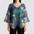New Zealand Warriors Kimono Sleeve Blouse Tropical Polynesian Floral Pattern With Green And Blue Accents