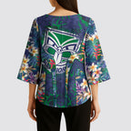 New Zealand Warriors Kimono Sleeve Blouse Tropical Polynesian Floral Pattern With Green And Blue Accents