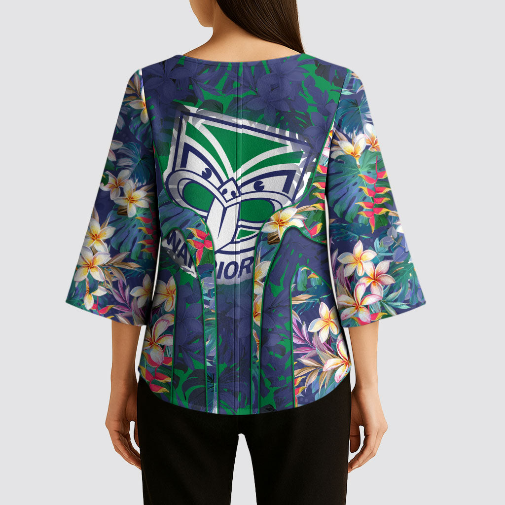 New Zealand Warriors Kimono Sleeve Blouse Tropical Polynesian Floral Pattern With Green And Blue Accents