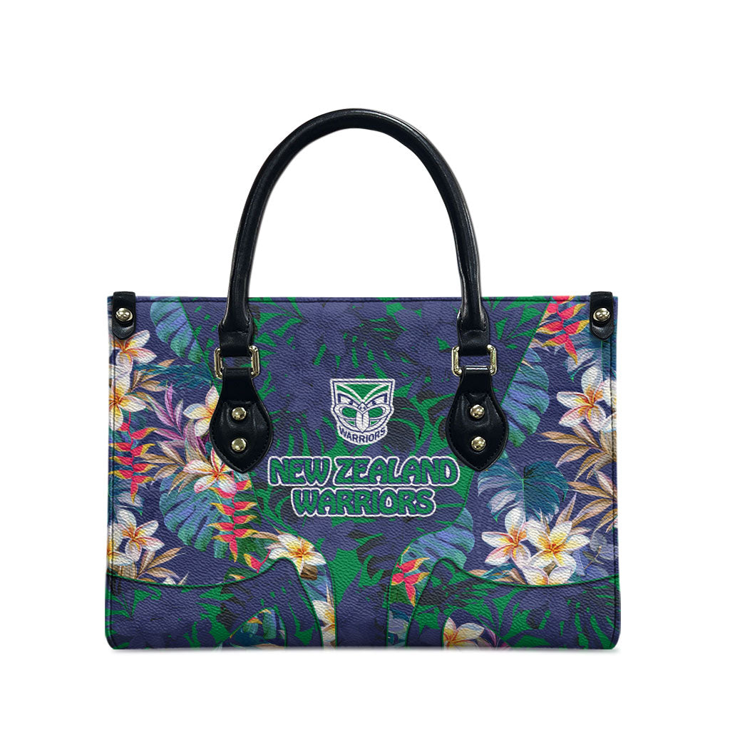New Zealand Warriors Leather Bag Tropical Polynesian Floral Pattern With Green And Blue Accents