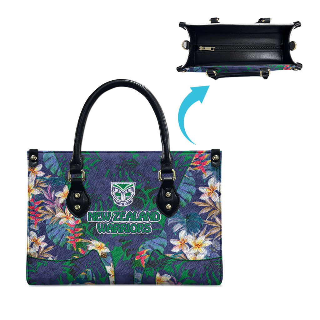 New Zealand Warriors Leather Bag Tropical Polynesian Floral Pattern With Green And Blue Accents