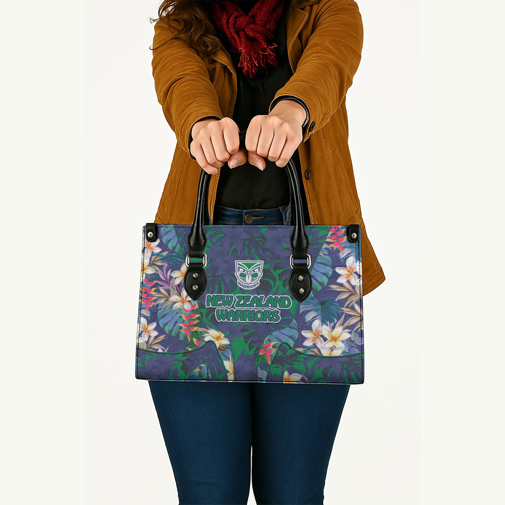 New Zealand Warriors Leather Bag Tropical Polynesian Floral Pattern With Green And Blue Accents