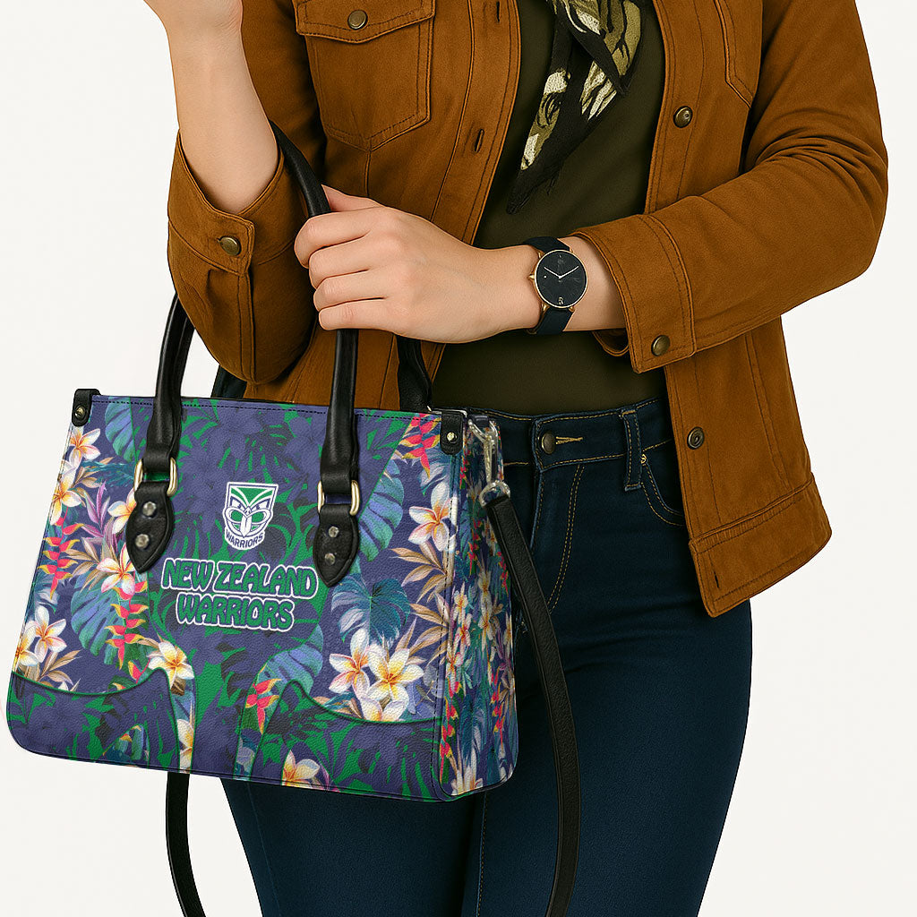 New Zealand Warriors Leather Bag Tropical Polynesian Floral Pattern With Green And Blue Accents